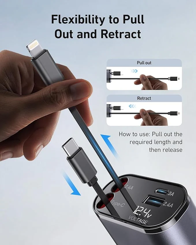 Trendtronics Retractable Car Charger, 120W - 4 in 1 Fast Car Charger with USB-C & Lightning Cables - Image 5