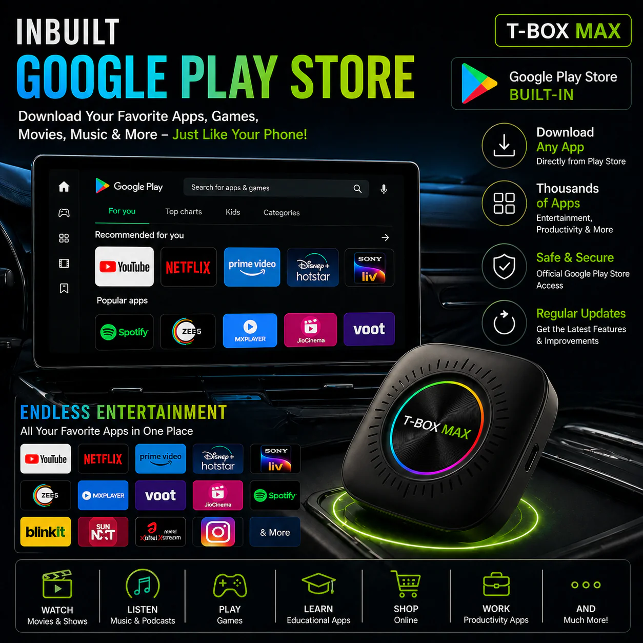 Trendtronics Tbox Max Without sim , 8+128GB, Android 13, CarPlay & Android Auto, Google Play, YouTube, Netflix, jiohotstar - Image 6